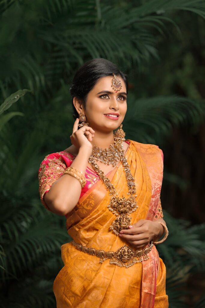 Woman in Traditional Bridal Saree Dress